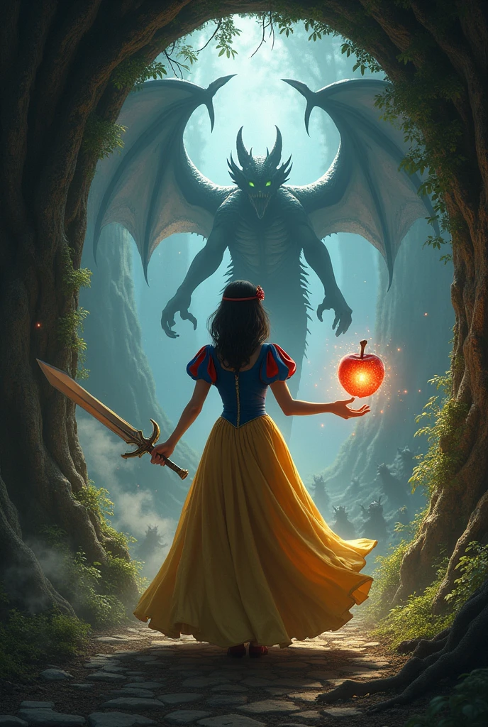 Snowwhite in the middle of images , right hand holding magic glowing apple, left hands holding prince-florien-sword, location at entrance of unknown fantasy forest , light and animals at entrance , Darkness and unknow creature at far end .

Perspective view ,