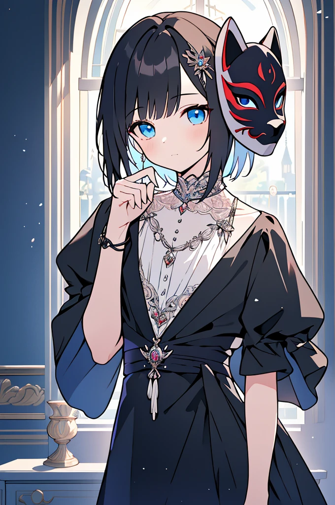 Short black hair, Beautiful Men, Deep blue eyes, Wearing black outfit, (Highest quality,4K,8k,High resolution,masterpiece:1.2),Very detailed,Calm colors, Masquerade, Wearing a cat half mask