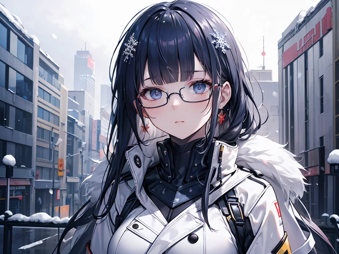 UHD, accurate, ((masterpiece)), ((high details)), high quality, textured skin, high detailed face, Cyberpunk, inhabitant of the digital world, White coat, trench coat, iridescent metal suit, Colorful costumes, backgrounds (Snowy scenery, snowy landscape, snowflakes), navy hair, blunt bangs, expressive hair, Glasses, glasses(Wellington model), Long, slender limbs