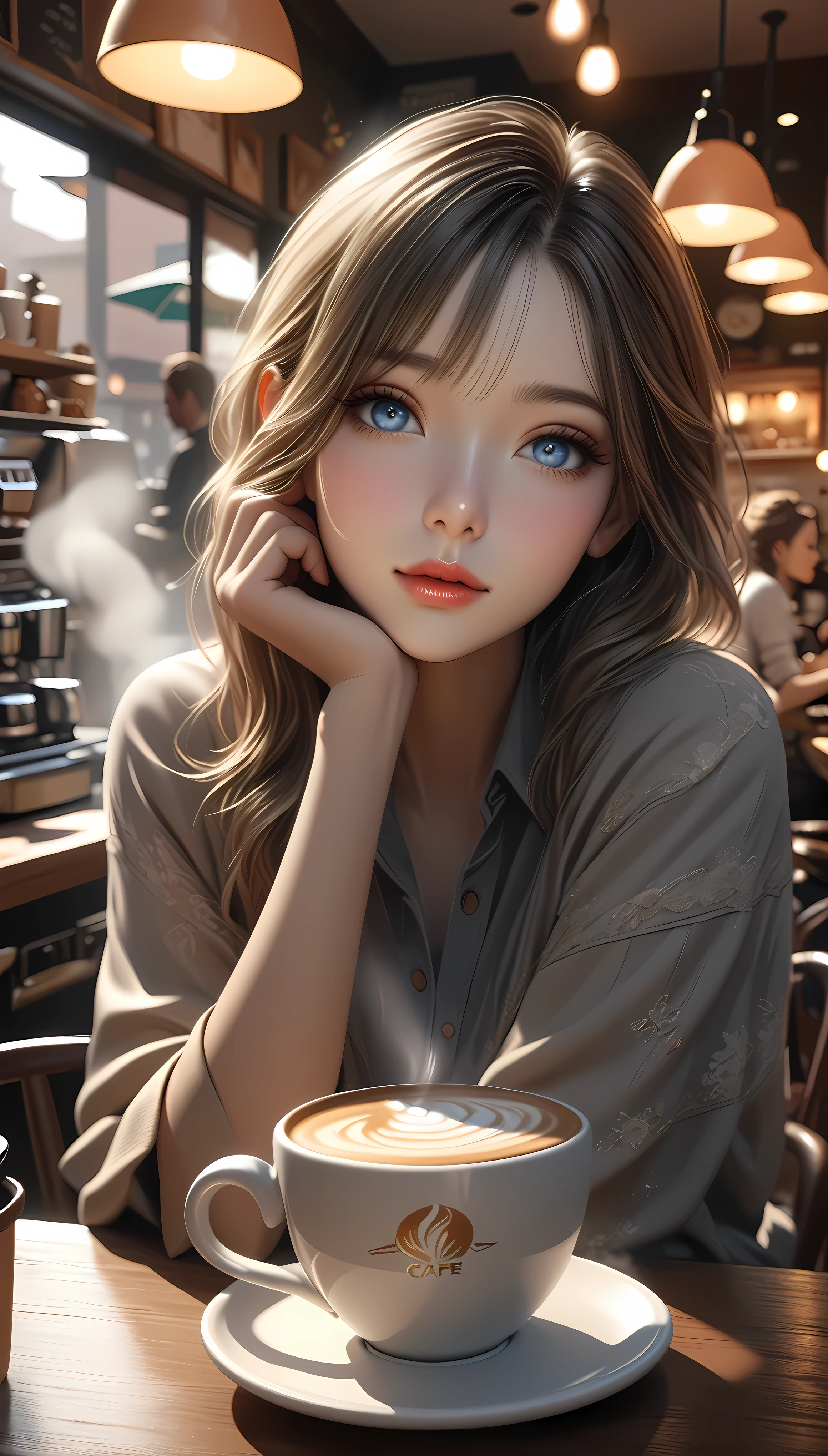 a beautiful young girl, coffee skin tone, relaxing in a coffee cup filled with hot milk, steam, realistic cafe interior background, (best quality,4k,8k,highres,masterpiece:1.2),ultra-detailed,(realistic,photorealistic,photo-realistic:1.37),delicate facial features,beautiful detailed eyes,beautiful detailed lips,extremely detailed eyes and face,longeyelashes,1girl,digital painting,soft lighting,warm colors,cozy atmosphere,intricate details,cafe setting,steam rising from cup,peaceful expression,natural lighting