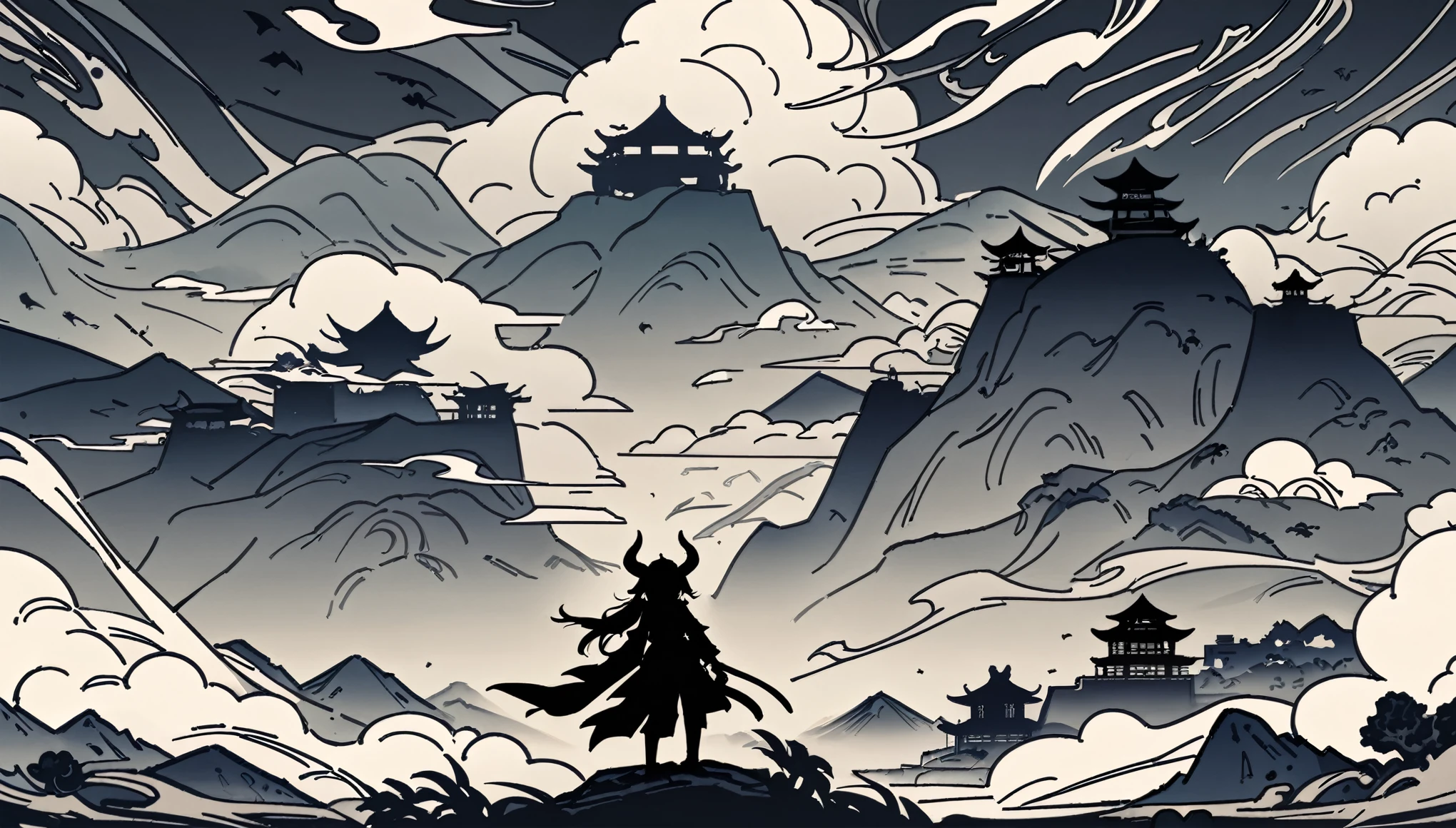 ancient Chinese scenery, chinese style, vidyadhara, front view, centered, silhouettes, inky, flowing, mountains, clouds, wind, vector, outlines, honkai star rail, horns, elf ears, silhouette, hd, vector, illustrated, hd, 4k detailed, high quality, artistic, black and white, inky