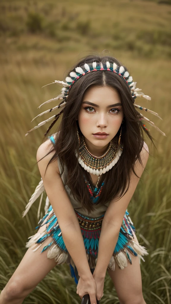 ((high detailed, best quality, 4k, masterpiece, hd:1.3)), ((best quality)), (((HD))), (((8k))), (ultraDH), (ultra HD), a native american woman, kneeling in open grassland, wigwam in background, native american headdress, wearing stereotypical feathered native american garb, smoking a peace pipe, gorgeous scenery, cinematography in style of peter jackson, (standing up:1.8), (above-knee photo:1.6), (from eye-level:1.4), (gorgeous feminine legs:1.4), (beautiful face:1.6), (heavy colorful makeup), (perfect hands, perfect anatomy)