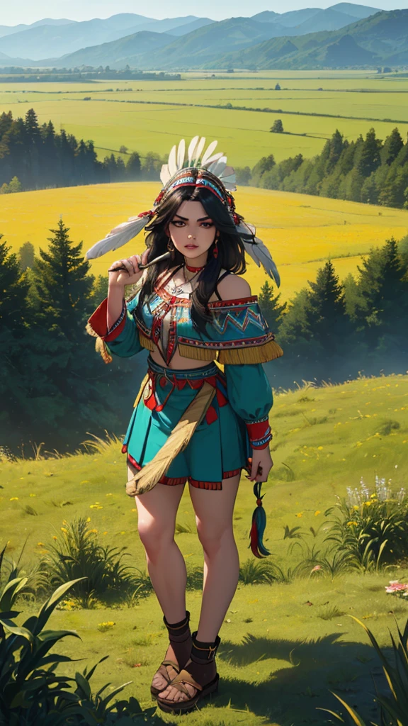 ((high detailed, best quality, 4k, masterpiece, hd:1.3)), ((best quality)), (((HD))), (((8k))), (ultraDH), (ultra HD), a native american woman, kneeling in open grassland, wigwam in background, native american headdress, wearing stereotypical feathered native american garb, smoking a peace pipe, gorgeous scenery, cinematography in style of peter jackson, (standing up:1.8), (above-knee photo:1.6), (from eye-level:1.4), (gorgeous feminine legs:1.4), (beautiful face:1.6), (heavy colorful makeup), (perfect hands, perfect anatomy)