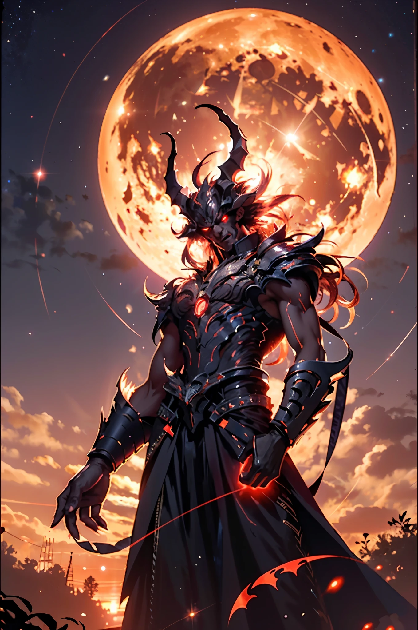 a demonic demon standing in front of a full moon with a red light on his face and a red light on his head,fire,aurora,burning,embers,glowing,cloud,glowing eyes,campfire,crescent moon,male focus,constellation,cloudy sky,light particles,flame,solo,night sky,diffraction spikes,dusk,full moon,sky,galaxy,space,sparkle,star \(sky\),molten rock,starry sky,moon,moonlight,gradient sky,night,lens flare,red moon,orange sky,outdoors,red sky,sunset,milky way,sun,planet,shooting star,purple sky,starry background,twilight,1man,
((best quality)),((masterpiece)),((highres)),((detailed)), original, extremely detailed 8K wallpaper,intricate details, hyperdetailed, hyper quality, high detail, ultra detailed,perfect lighting,, anime,comic,game CG,
Wirtten a word Arif refat on the top of the screen
