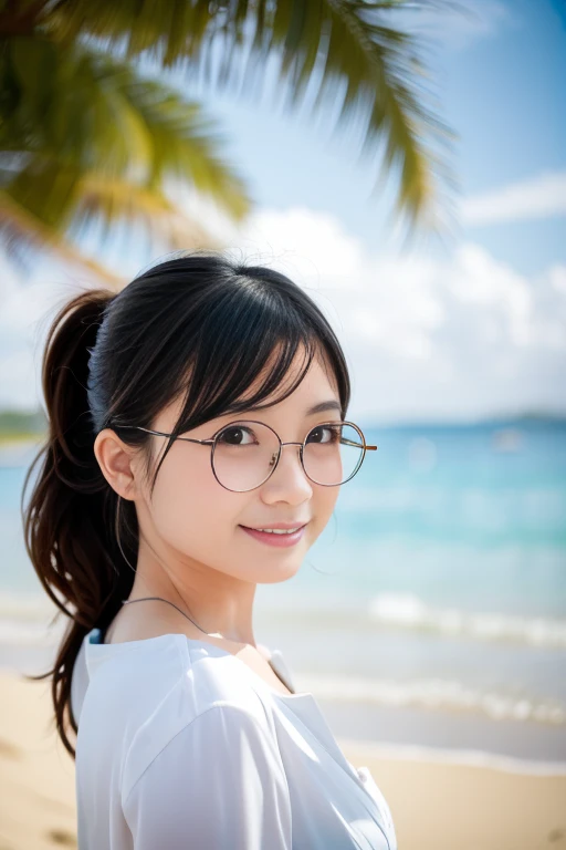 Actual photo,High resolution, Anatomically correct, Attention to detail, Highest quality, A beautiful Japanese woman, 28years old, A kind smile, Casual attire for the beach, Bust size slightly larger than mid-size, lower ponytail, sparkling pupils, glasses, A magnificent natural beach, Blown by a refreshing breeze, Dramatic backlighting, Reflected light illuminates the face from below, Sparkling sunlight, Sparkling shoreline, Strong contrast, Cinematography, deep blue sea, deep blue sky, 