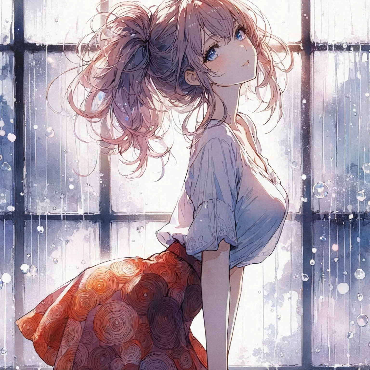 Official art using high-quality hand-drawn watercolor sketch techniques. (best quality,4k,8k,highres,masterpiece:1.2),ultra-detailed,beautiful detailed eyes,A girl with beautiful eyes, everyone, beautiful anime girl, cute anime girl, smooth anime art, anime style, elegant colors, soft lighting, delicate beautiful eyes, very coquettish, (beautiful large breast:1.2), (correct hands:1.2),