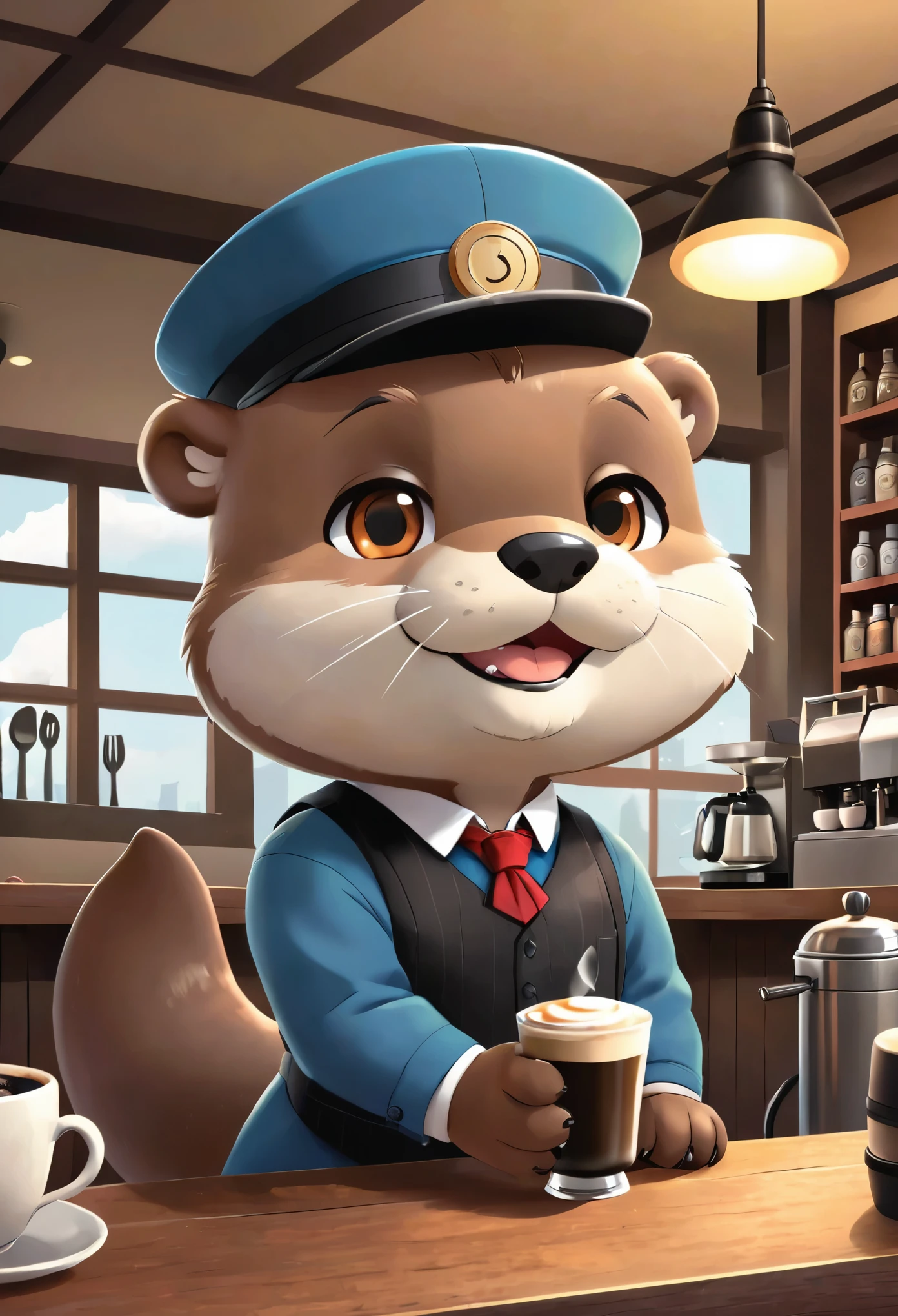 vector art、Animal world、The otter bartender at the counter of an old coffee shop、White Beard、Black bow tie、Serve coffee to customers、Cute Character,chibi