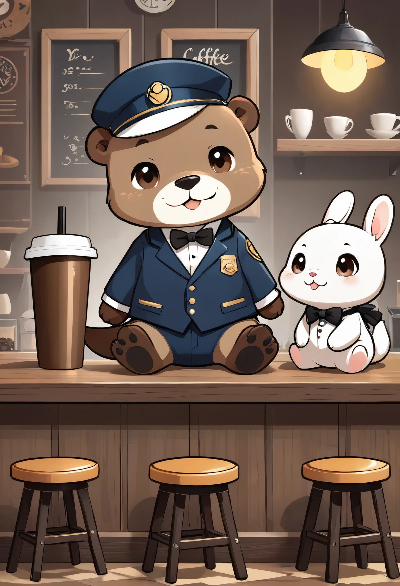 vector art、Animal world、The otter bartender at the counter of an old coffee shop、White Beard、Black bow tie、Serve coffee to customers、Cute Character,chibi