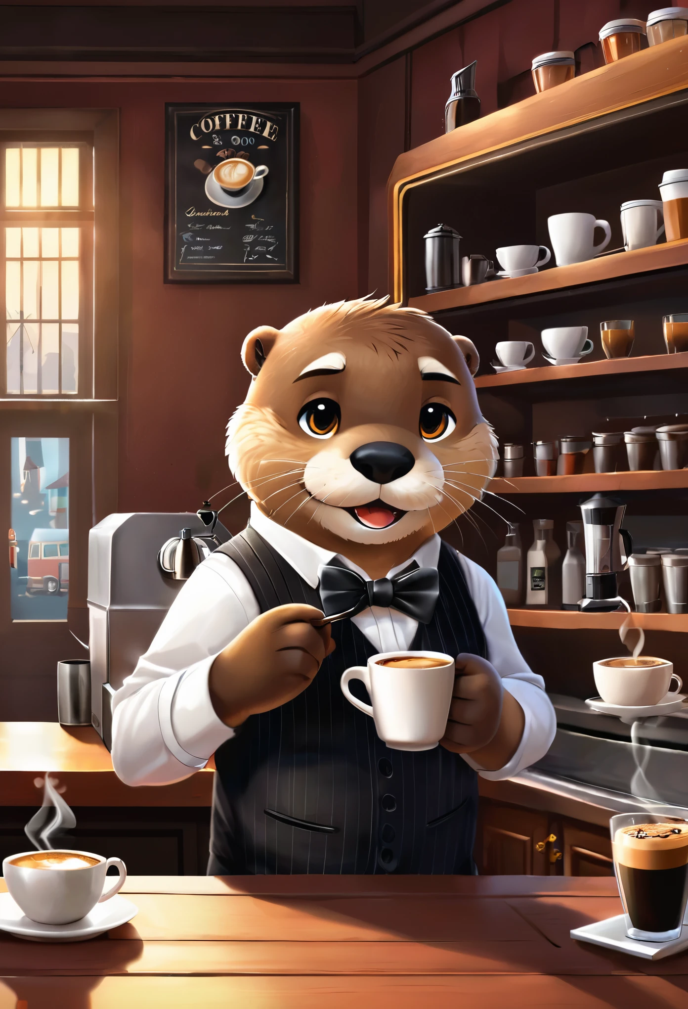 vector art、Animal world、The otter bartender at the counter of an old coffee shop、White Beard、Black bow tie、Serve coffee to customers、Cute Character,chibi