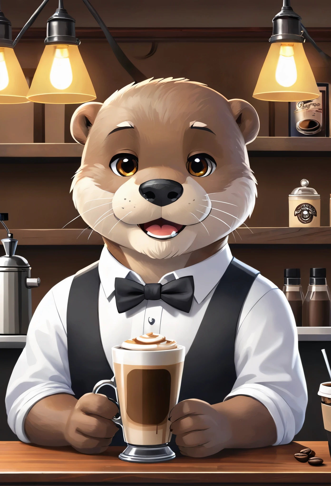 vector art、Animal world、The otter bartender at the counter of an old coffee shop、White Beard、Black bow tie、Serve coffee to customers、Cute Character,chibi