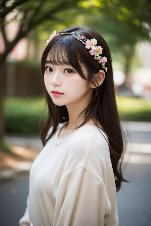 front view of a beautiful 20-year-old Japanese woman, floral hair accessory, casual clothing , soft lighting , natural background , serene atmosphere , detailed hair, soft focus , bokeh effect