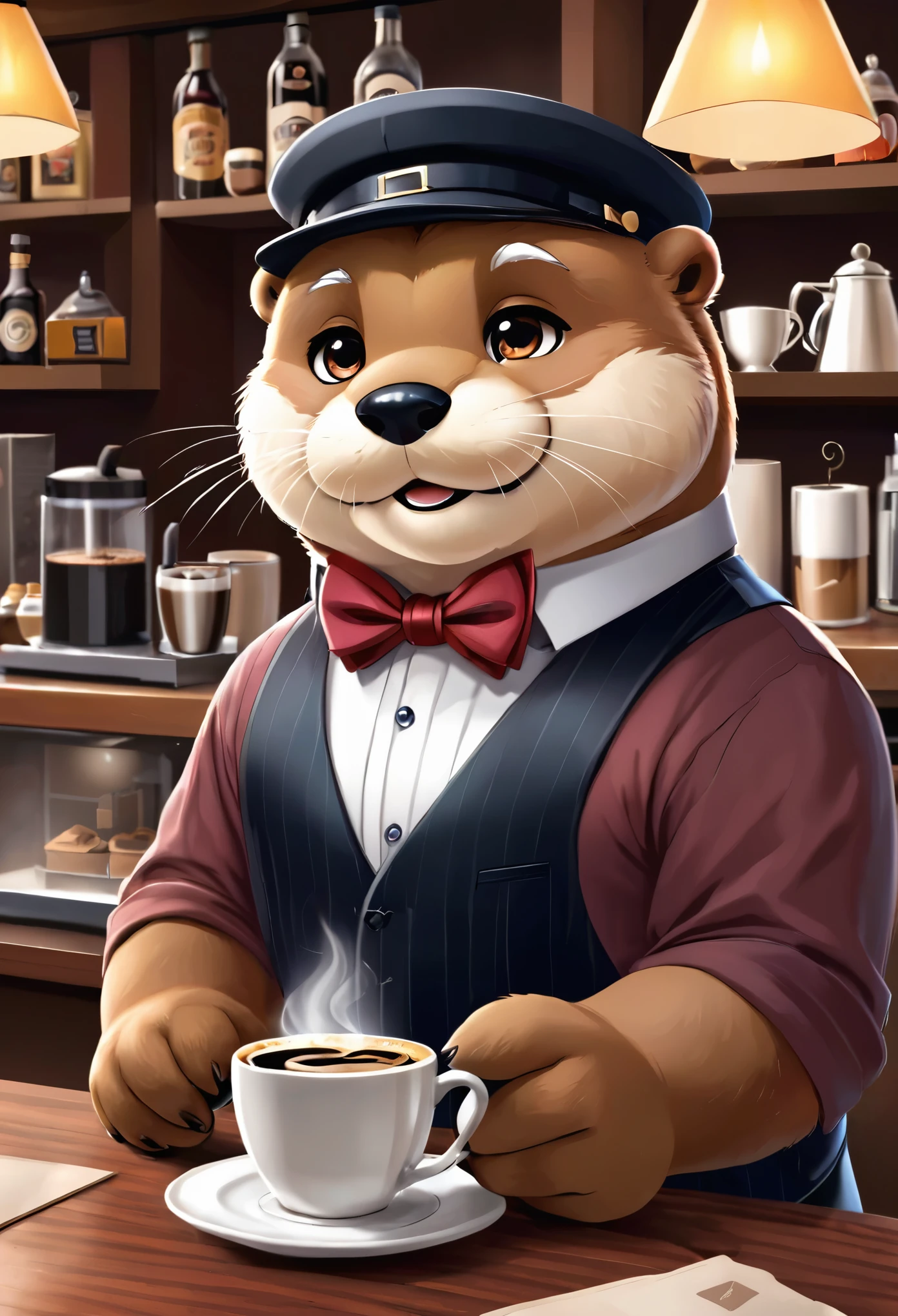 vector art、Animal world、The otter bartender at the counter of an old coffee shop、White Beard、Black bow tie、Serve coffee to customers、Cute Character,chibi