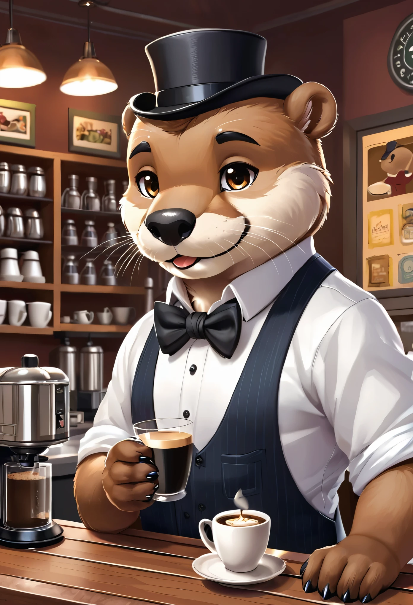 vector art、Animal world、The otter bartender at the counter of an old coffee shop、White Beard、Black bow tie、Serve coffee to customers、Cute Character,chibi