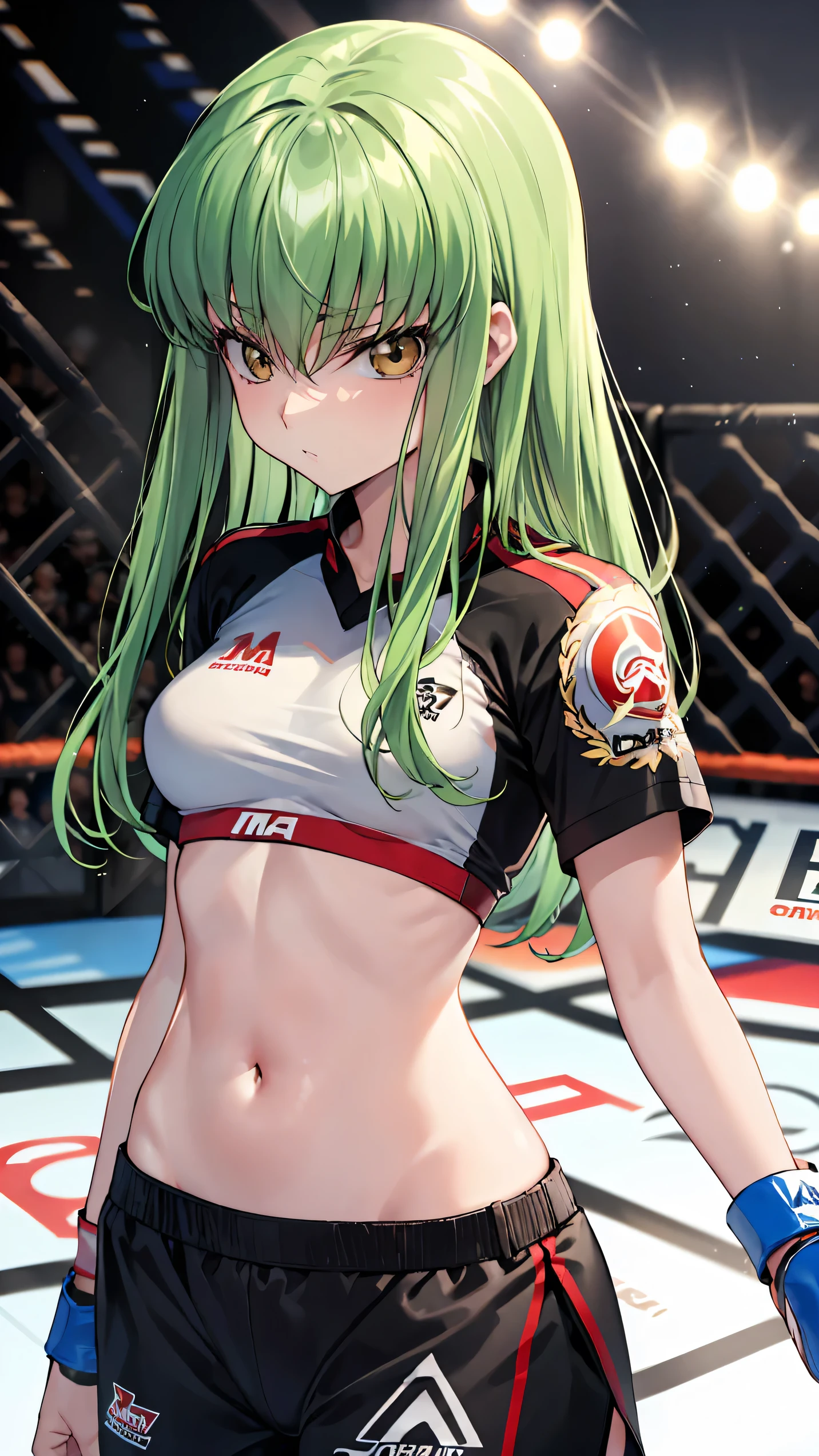 CC_Code Geass, Hair between the eyes, Very long hair 1 person, Bright light, glaring, alone, upper body shot, From above, Fighting, (masterpiece, Highest quality), 8k, Intricate details, (on MMA Arena :1.5), (wearing MMA uniform:1.5, white tops and black bottoms:1.3), belly button,Slender body,Slim,((Highest quality)), Sharp focus: 1.2, Highly detailed face, Highly detailed eye,Toned stomach,on front, front view,