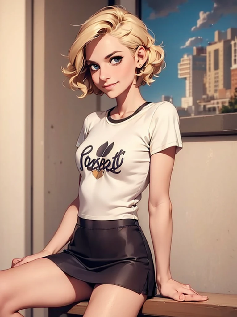 ((masterpiece, best quality)), a woman in a t shirt , front，Blonde short hair，t-shirt，Short skirt，Gentle smile，Become a，。