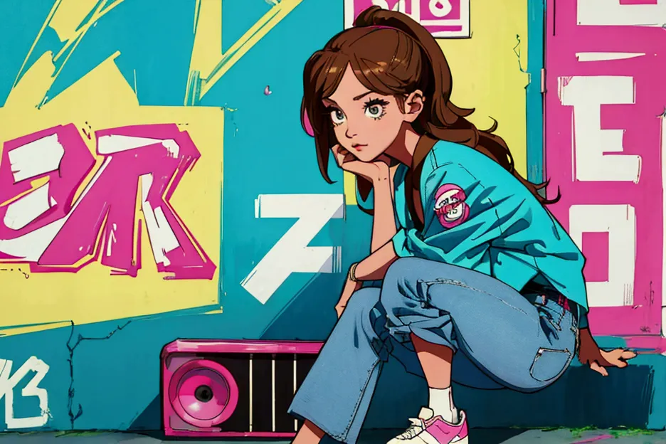 Highest quality, masterpiece), 1 girl, 1980s \(style\)Roller skating,Skater girl sitting crouched on the ground,\(style\), In the background is a skateboard park.,Graffiti art,Alley,\(style\)Upper Body,pin up , \(style\)Brown Hair Color,Long Hair -,\(style\), City Pop, praise,\(style\),1980s fashion,,casual,1980s fashion, City Pop,Retro,Japanese Streetwear, cropped,Put on headphones,hiphgop,\(style\), still from a Music video, Music video, in style of YVNG WING, Music video, YVNG WING,in style of newjeans,