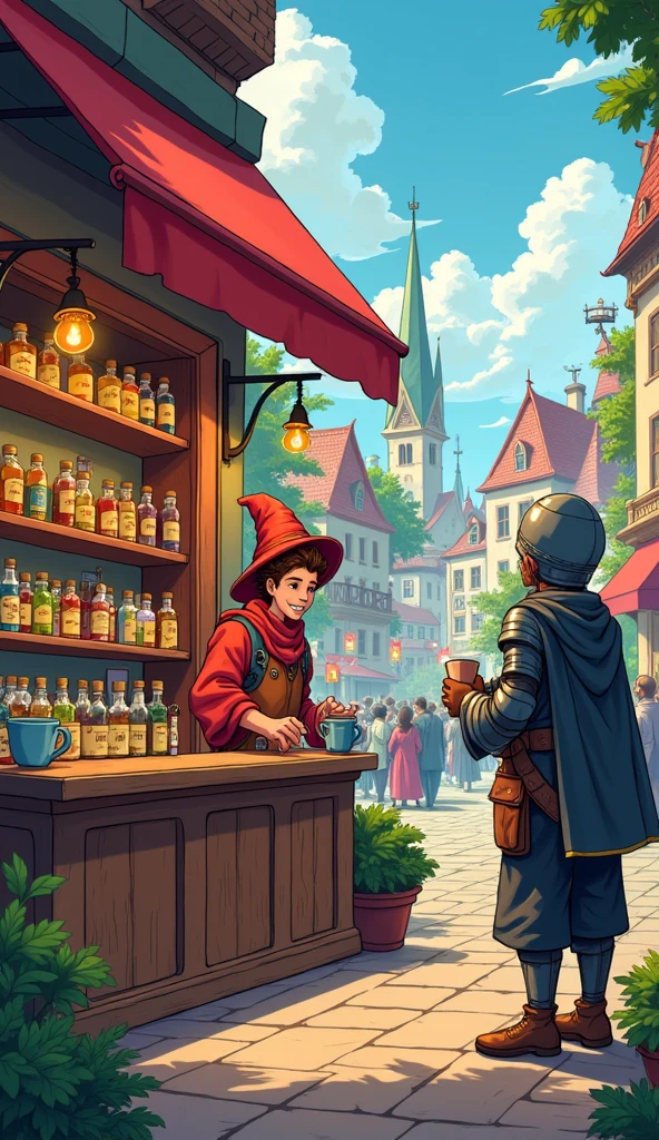 Comic art, cheerful drawing, fantasy, fantasy world, a small magic coffee shop, a young wizard sells magic coffee of every possible flavor in his small store, a knight bought coffee flavored with strong lemon and the taste of acidity after drinking twists his face in a grimace, A small roaster with a kettle for brewing coffee, bottles of coffee additives, magic from the hands of a wizard over a cup of coffee, signboard with text “magic coffee, the background is the street of a fantasy city, vivid colors,