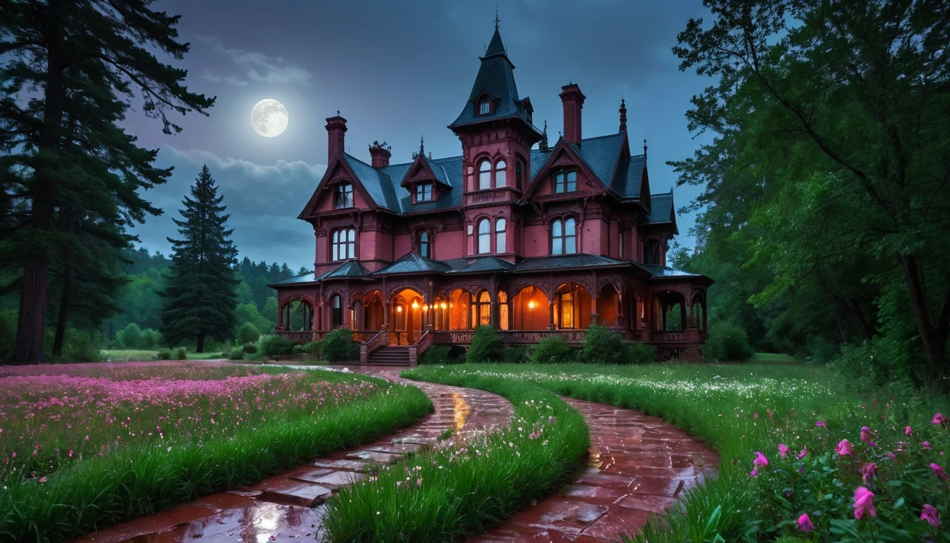 A mystical HDR scene: light rain, (1 (a gigantic Victorian Gothic style house, very large, detailed, masterpiece, with a chimney smoking)) in front of this house stands ''the most beautiful woman'' seen from behind in the rain, wearing a red floor-length cape, with a hood)), , and on the red stone path it goes through the forest, Around her are many trees Fireflies dance in the grass under a clear night sky with a full moon. In the distance standing on a path red stones, Drops of water shine on the ground. wet, sign of water on the ground splashes, drops of water, many pink and purple flowers. tall and green trees, thick, forest, in the background white mountain, with streetlights on both sides, ,