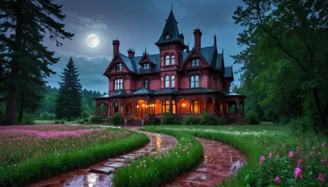 a mystical hdr scene: light rain, (1 (a gigantic victorian gothic style house, very large, detailed, masterpiece, with a chimney...