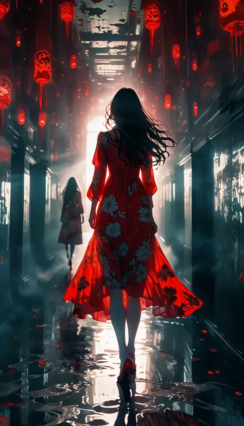 the model remains the same、red floral dress、surreal horror, red shoes、anime style, supervised by junji ito, long hair、high contr...