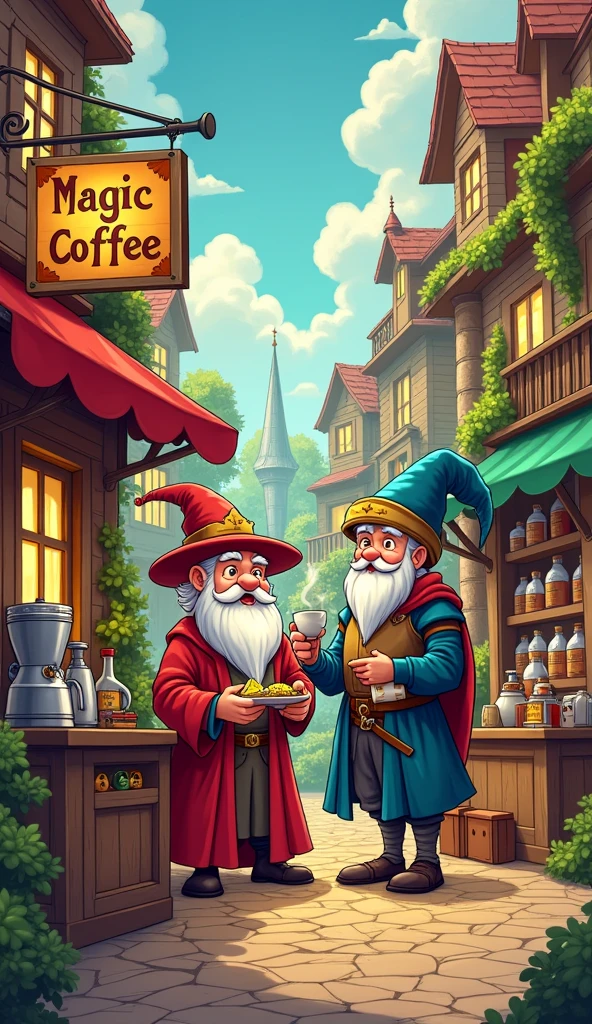 Comic art, cheerful drawing, fantasy, fantasy world, a small magic coffee shop, a young wizard sells magic coffee of every possible flavor in his small store, a knight bought coffee flavored with strong lemon and the taste of acidity after drinking twists his face in a grimace, A small roaster with a kettle for brewing coffee, bottles of coffee additives, magic from the hands of a wizard over a cup of coffee, signboard with text “magic coffee, the background is the street of a fantasy city, vivid colors,