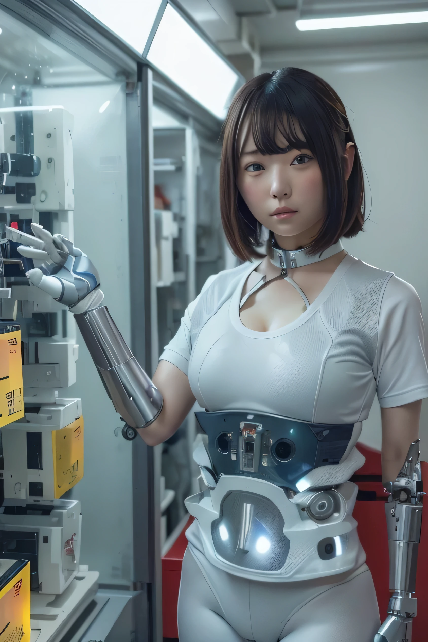 masterpiece, best quality, extreme detailed, portrait,Japanese Android girl,Plump ,Control panel,robot arms,robot,Android,cyborg,white robot body,Ceramic body,perfect robotgirl,Blunt bangs,robot repair plant,Chubby,sports wear,training wear,sports bra,blue eyes,