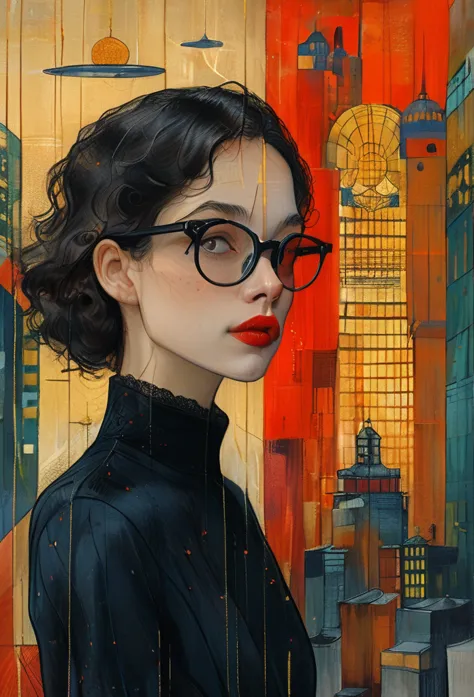 masterpiece,最high quality,organic style、female wall street dealer、talking on your phone、black-rimmed glasses、red lipstick、wearin...