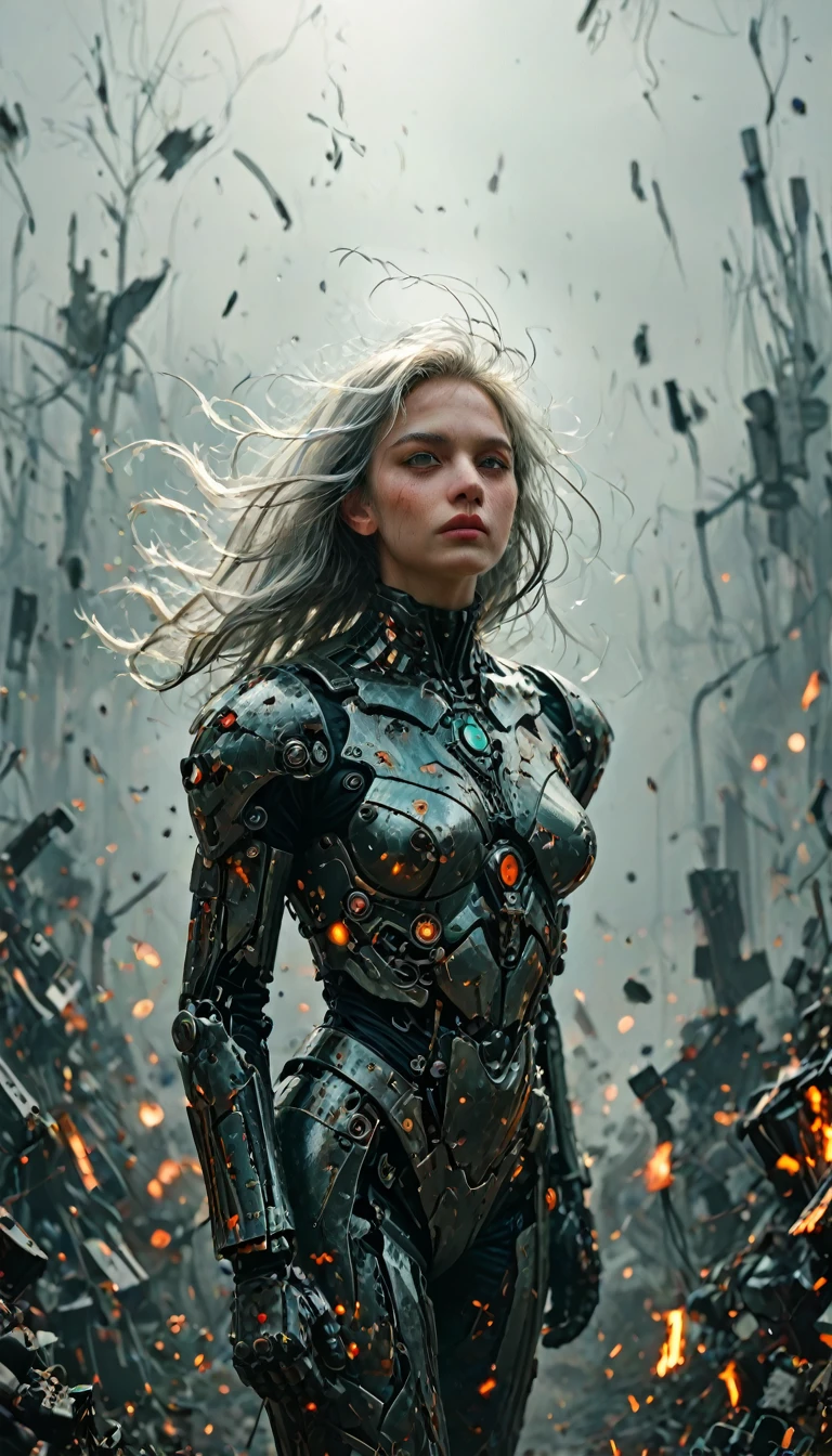 Medium angle shot capturing the sharp, angled gaze of a beautiful mecha woman with long flowing silver hair, set against a gritty, dystopian cityscape. Her green metallic mechanical exoskeleton armour suit , intricately detailed with sleek black accents, gleams with precision. Flying ember sparks drift through the smoky, hazy background, adding to the tension of the scene. The image is captured in high definition with ultra-detailed, photorealistic quality (1.5), rendered in 8K UHD. Warm sidelight casts dramatic contrast across her features, emphasizing the textures of the metal and enhancing the depth. Shot with an angular lens for dynamic composition, every detail is tack sharp, delivering a masterpiece-level image (1), infused with a surreal yet realistic feel.