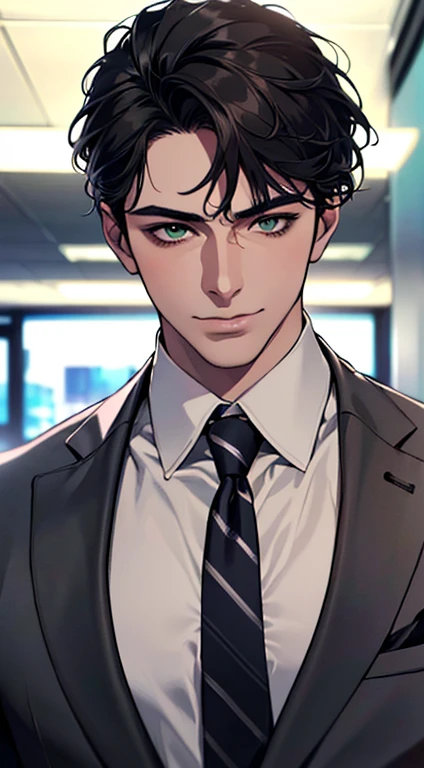 (best quality,4k,8k,highres,masterpiece:1.2),ultra-detailed,(realistic,photorealistic,photo-realistic:1.37),1 man,3,mature man,very handsome,without expression,smile,short grey black hair,green eyes,penetrating gaze,perfect face without errors,imposing posture,businessman,office background,cinematic lighting,hdr image