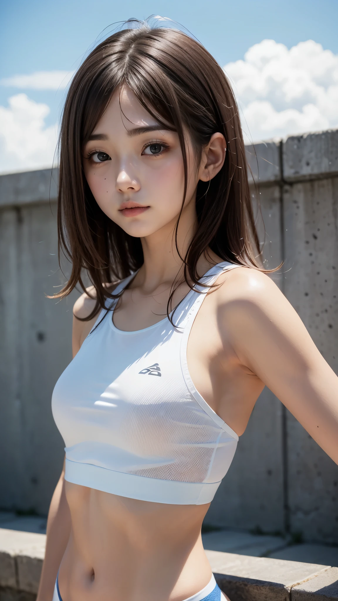 (Beautiful blue sky and cumulonimbus clouds)、White sports bra, Flat Chest, (Highest quality、Highest quality、Masterpiece、Ultra high definition、Reality:1.3)、(Detailed eyes and face:1.2, Professional photography techniques), Slender body line、(Tight waist)、(Cute Face、Beautiful symmetrical eyes、Brown Eyes、double eyelid、high nose、Captivating Lips、Moisturizing lips)、(Parting the bangs、I can see your forehead)、Beautiful Skin、Navel of beautiful shape、Beautiful brown hair、Sexy side bangs