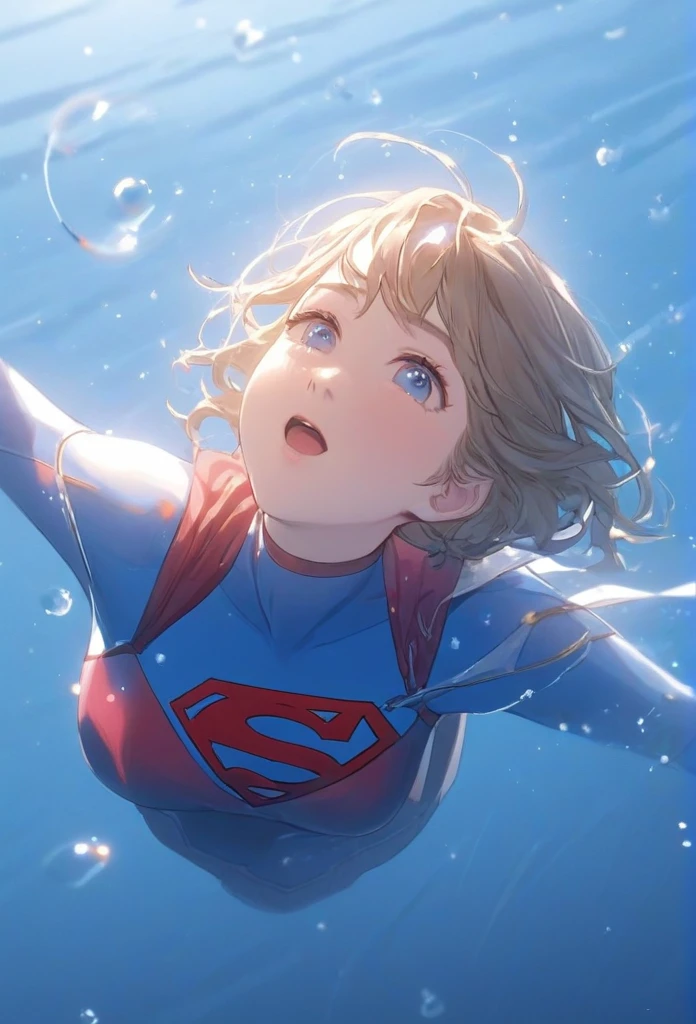 (masterpiece,Highest quality,ultra_detailed,High resolution,absurdes:1.2), Supergirlof costume, A girl in the water、Eyes closed,Supergirl,depth_of_Field,(長さ neck looking up:1.2),bubble,(Raise your hand:1.2),   Complementary Color,Bright Eyes,Strong Rim Light,High resolution、Shortness of breath、Being dragged to the bottom of the river