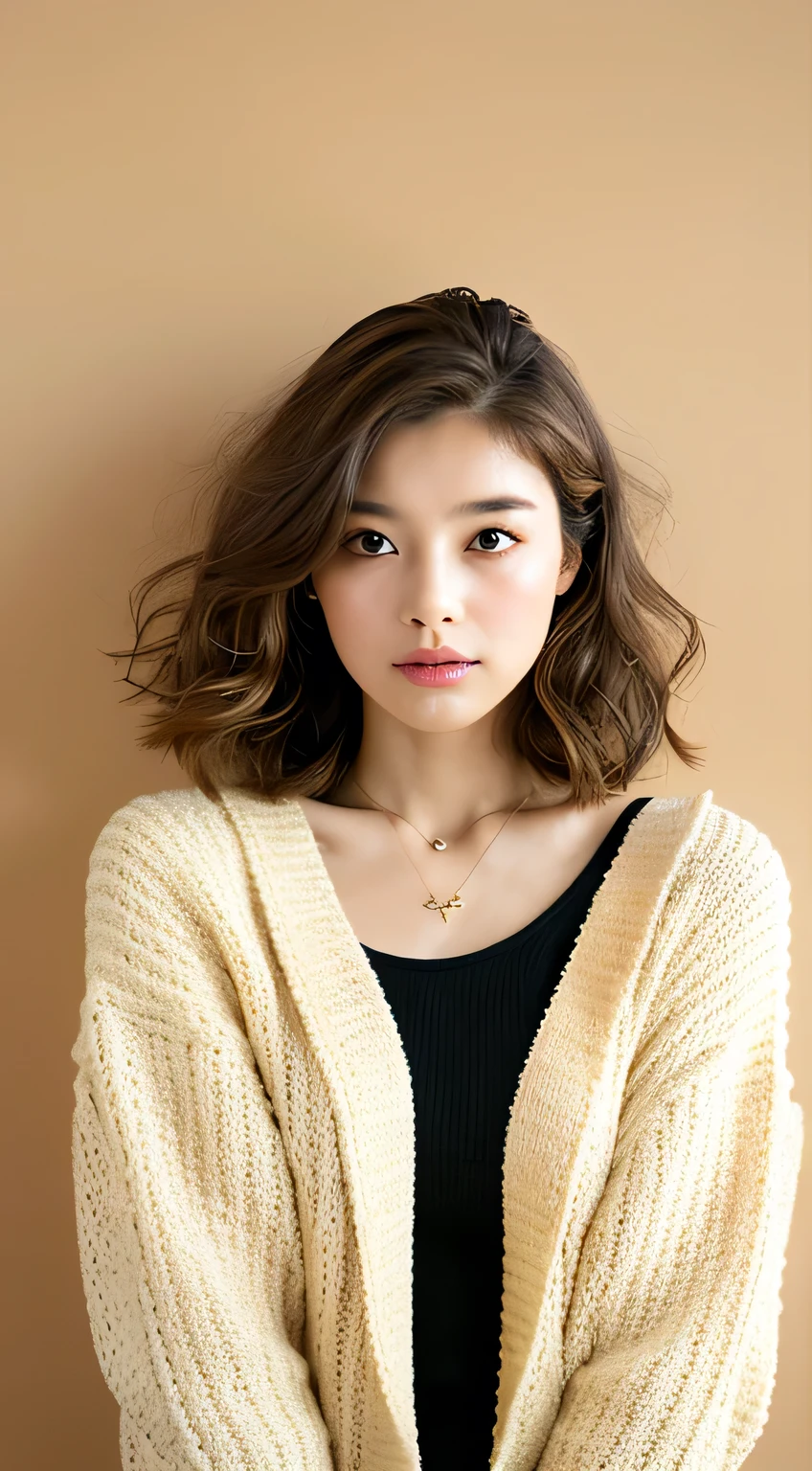 (best quality、8K、32K、masterpiece、Reality:1.4、Hum:1.2)、Cute photos of Japanese women、Large target:1.4、Super Short Bob Hairstyle、Especially the upper body、Face Focus、Extra Large_sweater、necklace、Simple background、from above、Looking at the audience、cleveage:1.5、Balanced body、Adult clothing、Put on your jacket、Young girl in her 20s、Beige wall background、indoor、Soft lighting、Straight Hair、Light brown hair with visible neck、Hair length short to&#39;Shoulder-length、Remove the earrings