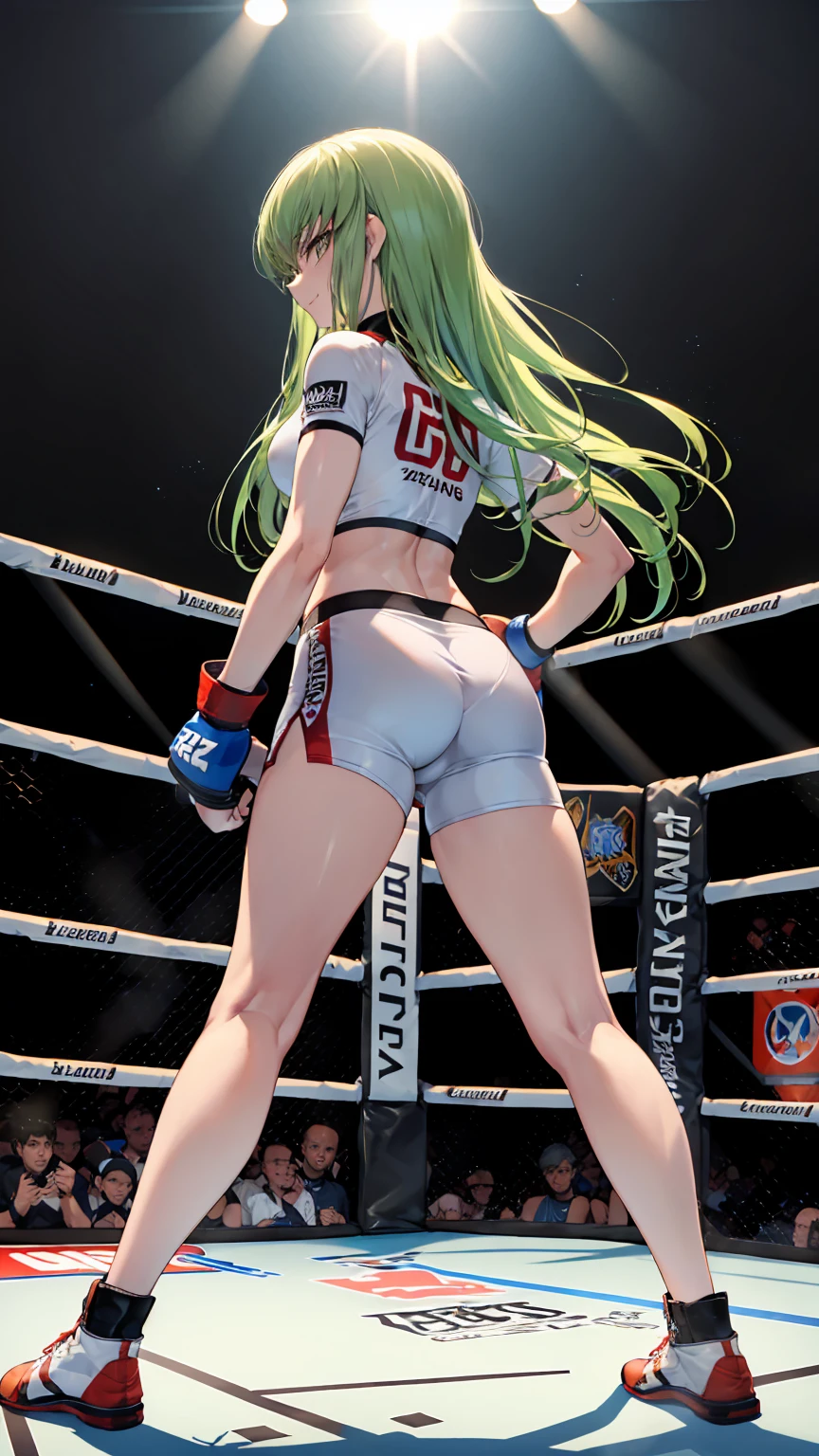 CC_Code Geass, Hair between the eyes, Very long hair 1 person, Bright light, smirking, alone, full body shot, Fighting, (masterpiece, Highest quality), 8k, Intricate details, (on MMA Arena :1.5), (wearing MMA uniform:1.5, white tops and black bottoms:1.3), belly button,Slender body,Slim,((Highest quality)), Sharp focus: 1.2, Highly detailed face, Highly detailed eye,Toned stomach,(from behind, from below),