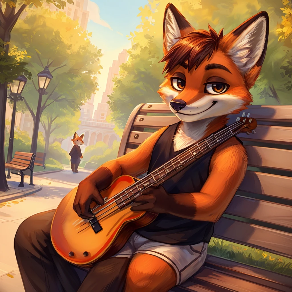 A close-up of an antropomorphic red fox, seated on a bench in a park, bass player, short hair, closed smile, looking at viewer, high quality furry art, chibi style.