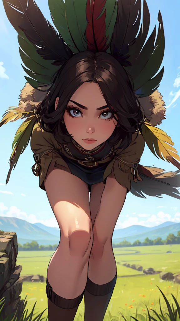 ((high detailed, best quality, 4k, masterpiece, hd:1.3)), ((best quality)), (((HD))), (((8k))), (ultraDH), (ultra HD), a native american woman, in open grassland, wigwam in background, native american headdress, wearing stereotypical feathered native american garb, smoking a peace pipe, gorgeous scenery, cinematography in style of peter jackson, (pretty:1.8), (above-knee photo:1.6), (from below:1.4), (gorgeous feminine body:1.4), (beautiful face:1.6), (heavy colorful makeup), (perfect hands, perfect anatomy)