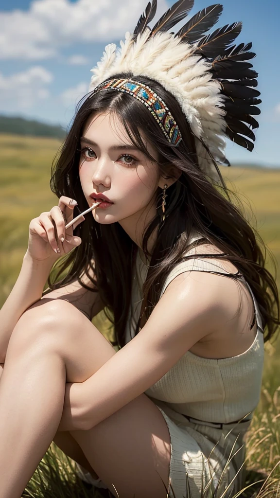 ((high detailed, best quality, 4k, masterpiece, hd:1.3)), ((best quality)), (((HD))), (((8k))), (ultraDH), (ultra HD), a native american woman, in open grassland, wigwam in background, native american headdress, wearing stereotypical feathered native american garb, smoking a peace pipe, gorgeous scenery, cinematography in style of peter jackson, (pretty:1.8), (above-knee photo:1.6), (from below:1.4), (gorgeous feminine body:1.4), (beautiful face:1.6), (heavy colorful makeup), (perfect hands, perfect anatomy)