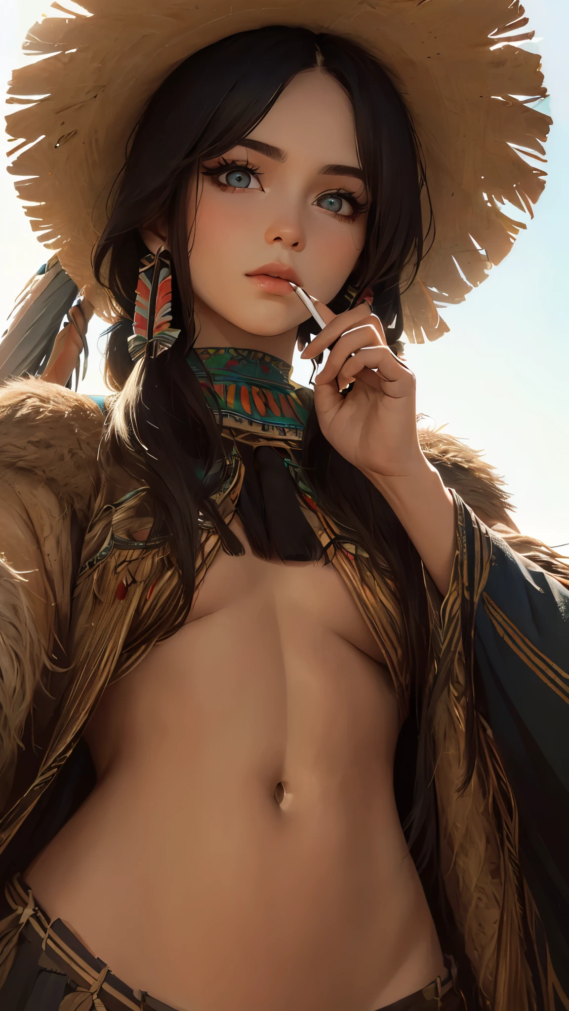 ((high detailed, best quality, 4k, masterpiece, hd:1.3)), ((best quality)), (((HD))), (((8k))), (ultraDH), (ultra HD), a native american woman, in open grassland, wigwam in background, native american headdress, wearing stereotypical feathered native american garb, smoking a peace pipe, gorgeous scenery, cinematography in style of peter jackson, (pretty:1.8), (from below:1.4), (gorgeous feminine body:1.4), (beautiful face:1.6), (heavy colorful makeup), (perfect hands, perfect anatomy)