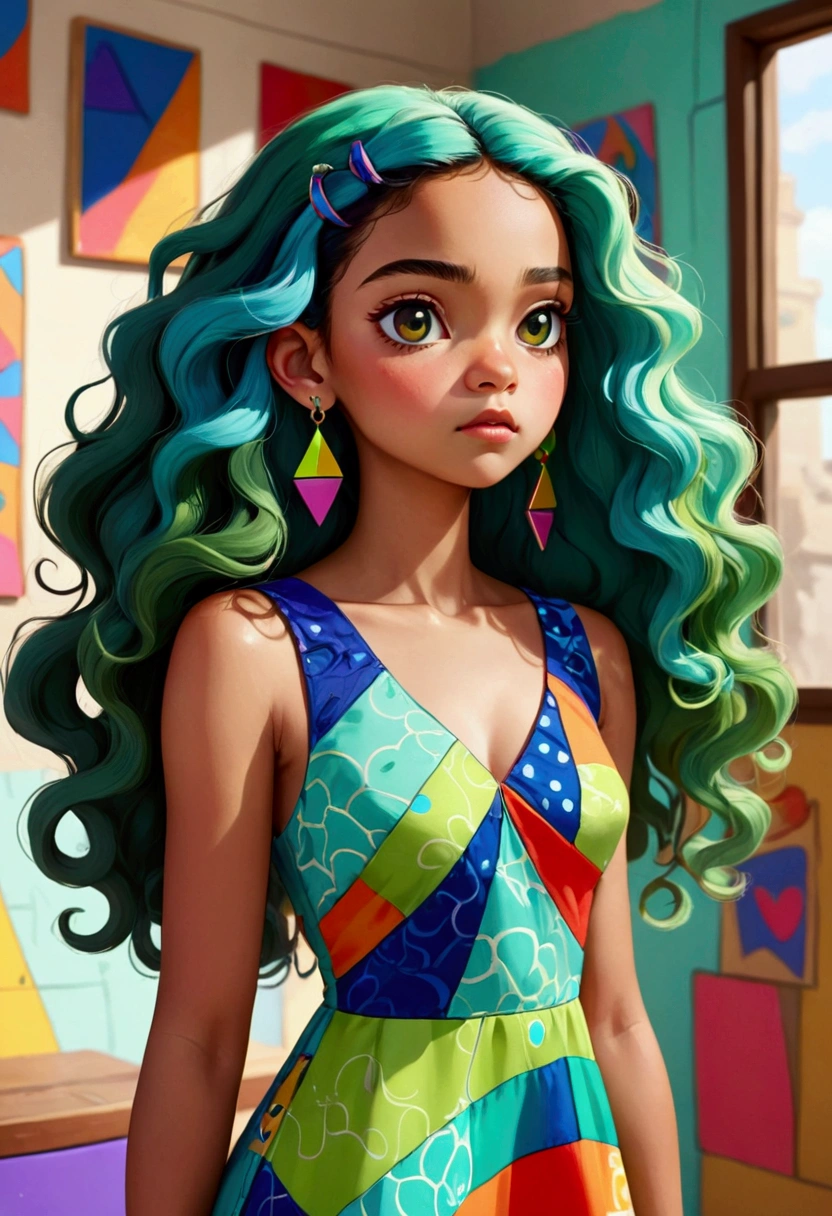 Childish Art，Cartoon，Serious expression, Long curly hair, Green and Multicolor Patchwork Dress, Soft material, triangle earrings, Blue hoop earrings, Decorative hair accessories, Standing posture, looking off to the side, Smooth skin, Natural medium light, Interior environment with illustrated colorful abstract pattern, Vibrant atmosphere, Front view, Balanced exposure