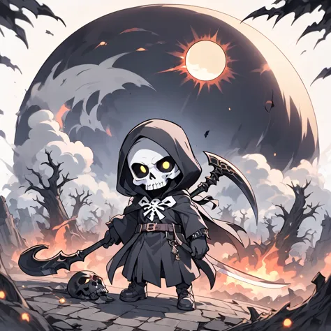 cute grim reaper, death scythe, shape that reaps life,end of the world, symbol of destruction, destruction, dark fantasy,smoke, ...