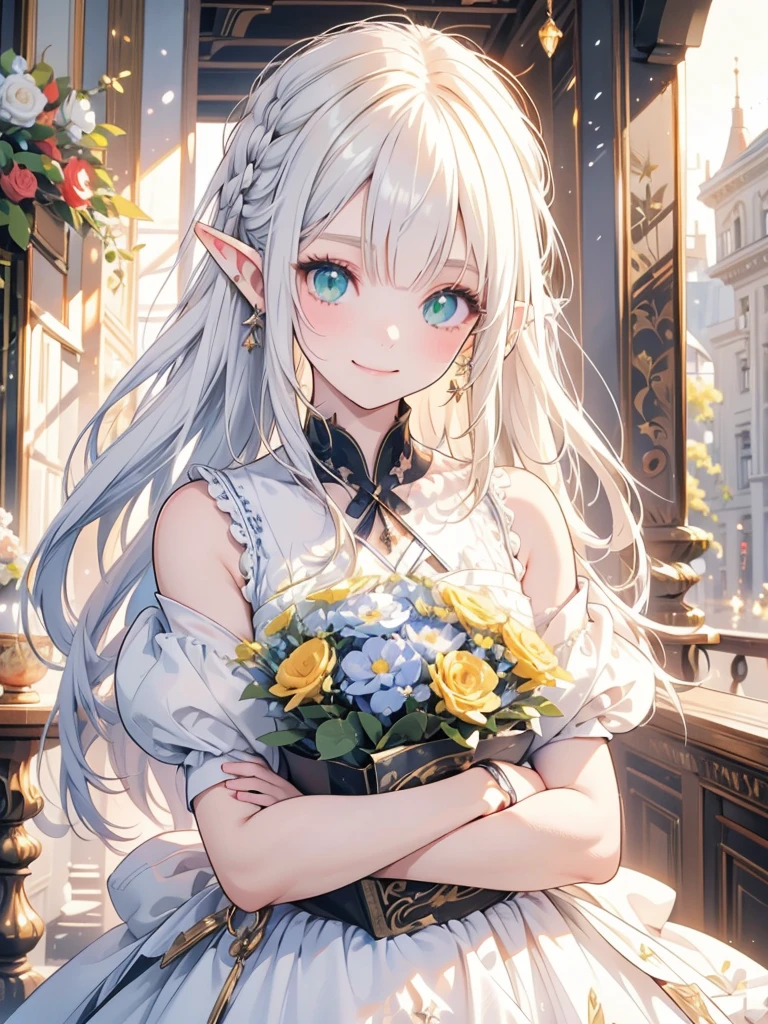 masterpiece, best quality, 1girl, ultra detailed, ultra highres, well-definded facial features, anatomically correct, cute girl, long pointy ears, elf, nice face,white hair, green eyes, hugging bouquet, smiling, oil painting, colorful,