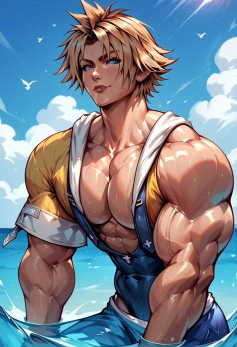 highest quality,huge muscles,very huge erect penis,the face is tidus,full color,tidus in a swimsuit,massive ,confident expressio...