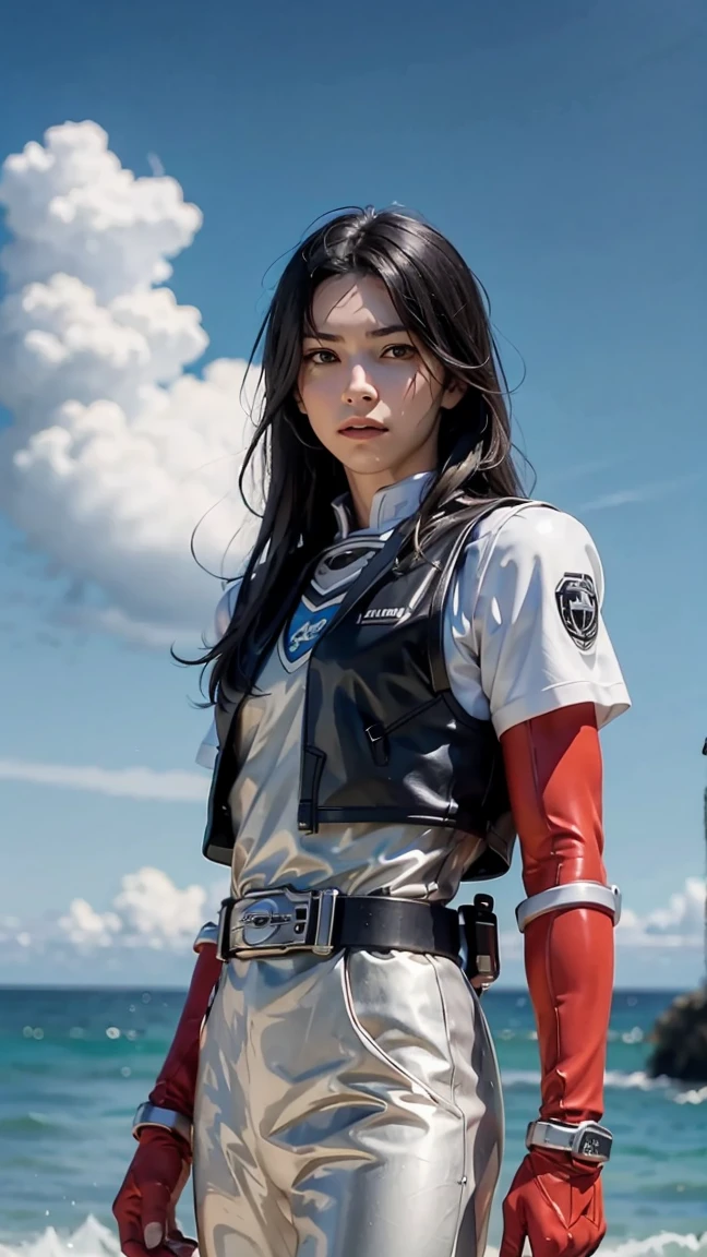 a young man with long black hair and a vest on standing in front of the ocean with a blue sky, (1 girl:0.955), (smooth:0.575), (black eyes:0.572), (black hair:0.709), (blue sky:0.985), (gag:0.536), (cloud:0.927), (day:0.980), (Horizon:0.816), (Japanese clothes:0.511), (lips:0.764), (long hair:0.775), (look at viewer:0.811), (nose:0.534), (ocean:0.950), (outdoor:0.734), (realistic:0.814), (sky:0.988), (alone:0.937), (upper body:0.557), (water:0.600)