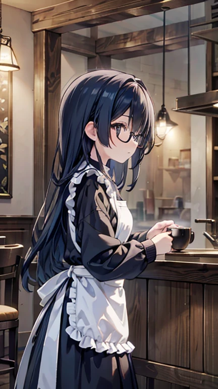 best quality, high quality, ultra quality, 8k, masterpiece, detailed, extremely detailed, insanely detailed, ultra detailed, ultra highres ,exquisite, Working at wooden counter, beautiful woman, long straight black hair, tied back, wearing white long sleeve shirt and black apron, holding tools for making coffee, thoughtfully concentrating on preparing drink, indoor cafe, warm lighting, well-organized wooden shelves lined with glasses and cups, cozy and inviting atmosphere, low angle shot, balanced exposure.