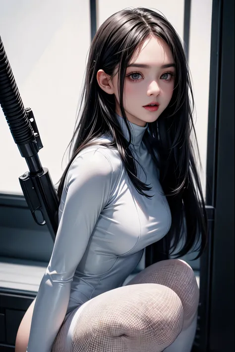 (highest quality:1.2), a 14-years-old girl has a big gun,with firing motion, in sci-fi style gun,front view, a photorealistic cu...