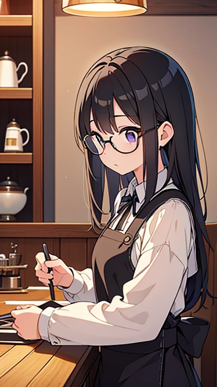 best quality, high quality, ultra quality, 8k, masterpiece, detailed, extremely detailed, insanely detailed, ultra detailed, ultra highres ,exquisite, Working at wooden counter, beautiful woman, long straight black hair, tied back, wearing white long sleeve shirt and black apron, holding tools for making coffee, thoughtfully concentrating on preparing drink, indoor cafe, warm lighting, well-organized wooden shelves lined with glasses and cups, cozy and inviting atmosphere, low angle shot, balanced exposure.