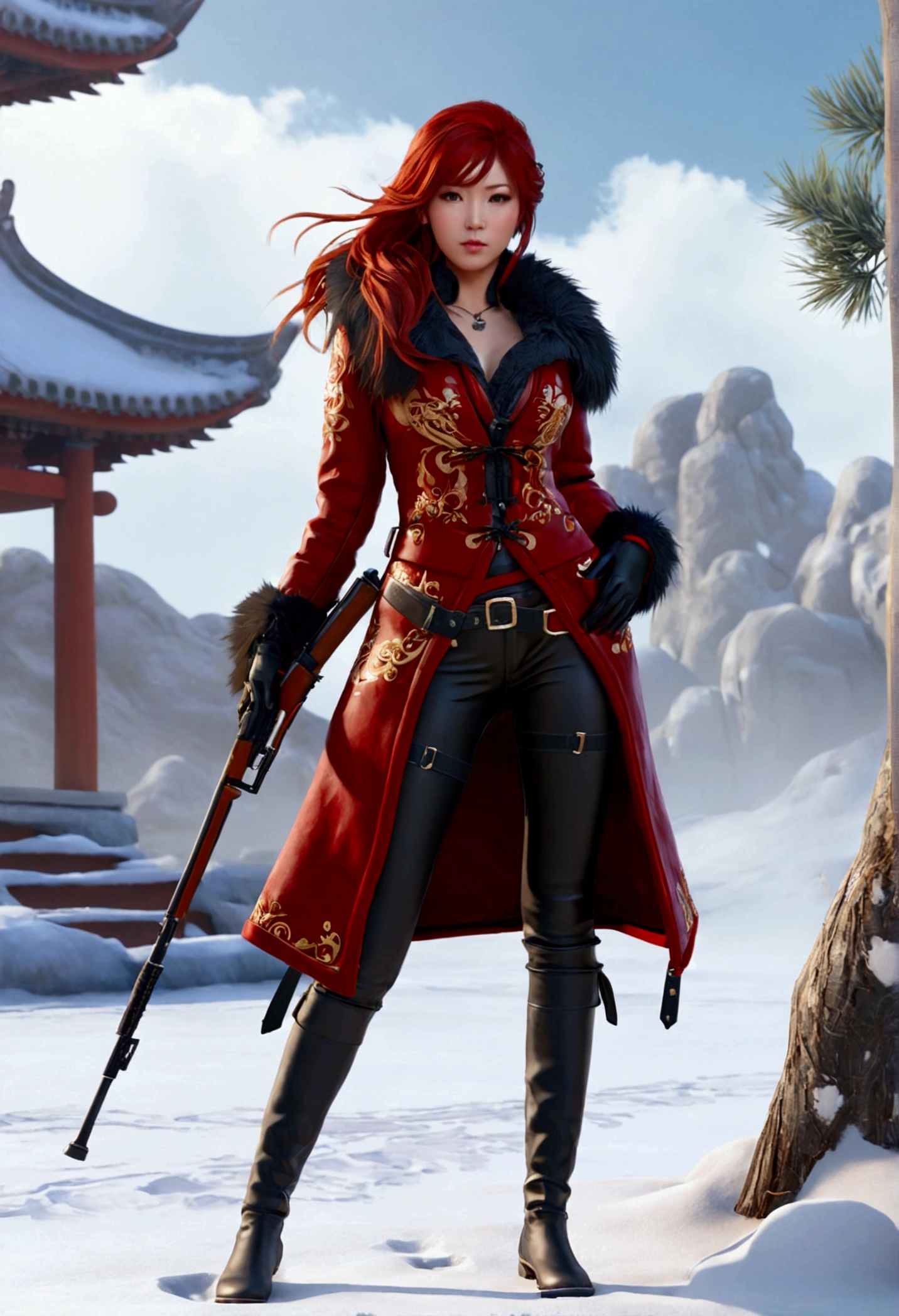 A female hunter in a combat pose, holding a rifle, standing in the snow, oriental style, Blade and Soul inspired, long red hair, wearing a leather and fur coat, cold atmosphere, artwork, 3D, 4K, highly detailed, photorealistic