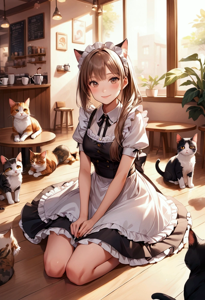 cute girl having coffee at cat cafe in maid clothes, cats relaxing scattered on the floor, a relaxing time, happily expression, warm tone