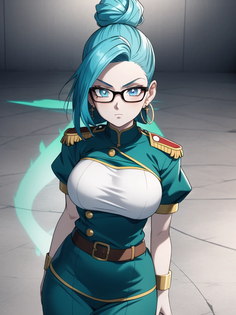 
dbsuper style, (extremely detailed CG unity 4k wallpaper),(masterpiece),(ultra quality),(ultra-detailed),(best illustration),(best shadow),(absurdres),(detailed background), 1girl, solo, round glasses, pale skin, breasts, pale alphine skin, topknot, military's uniform, large breasts, blue hair, round earrings, pulse bracer, shy expression, blue eyes, shy face, green aura, standing
