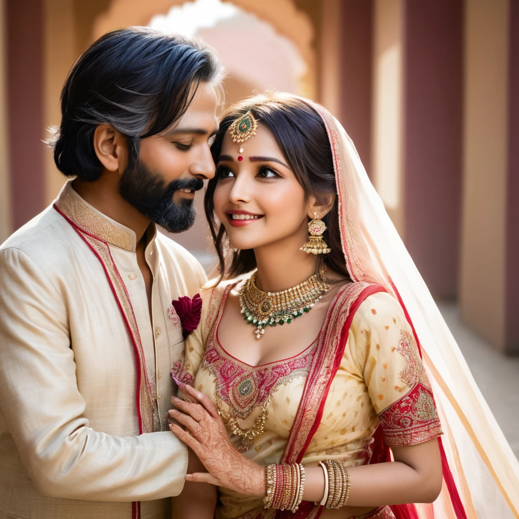 ((Highest quality)), ((masterpiece)), (detailed), （Perfect Face）、The woman is Extia Spica、The woman is wearing the traditional Indian dress, a sari.、The woman is embracing and kissing a middle-aged Indian man with a beard in their wedding ceremony.