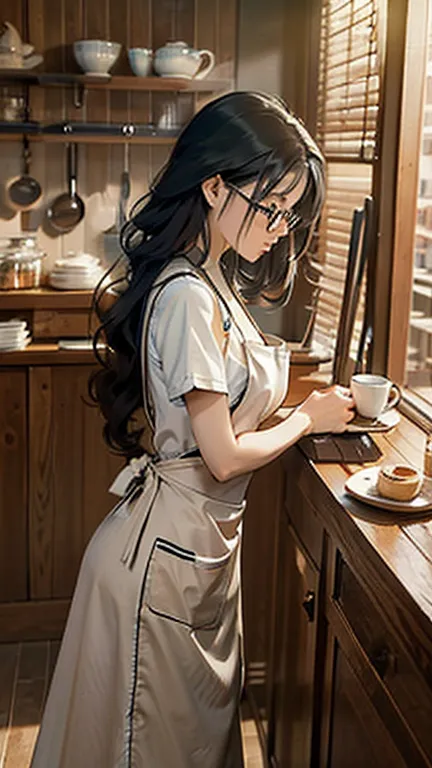 working at a wooden counter, beautiful woman, long straight black hair, nude apron, naked and wearing only an apron, holding too...